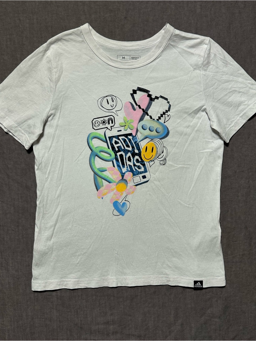 adidas White Tee with Pink and Black Doodle Graphic